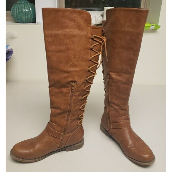 JustFab Tall Women Sz 8 M Brown Back Lace Up Knee High Fashion Riding Boots Zip - Picture 1 of 16